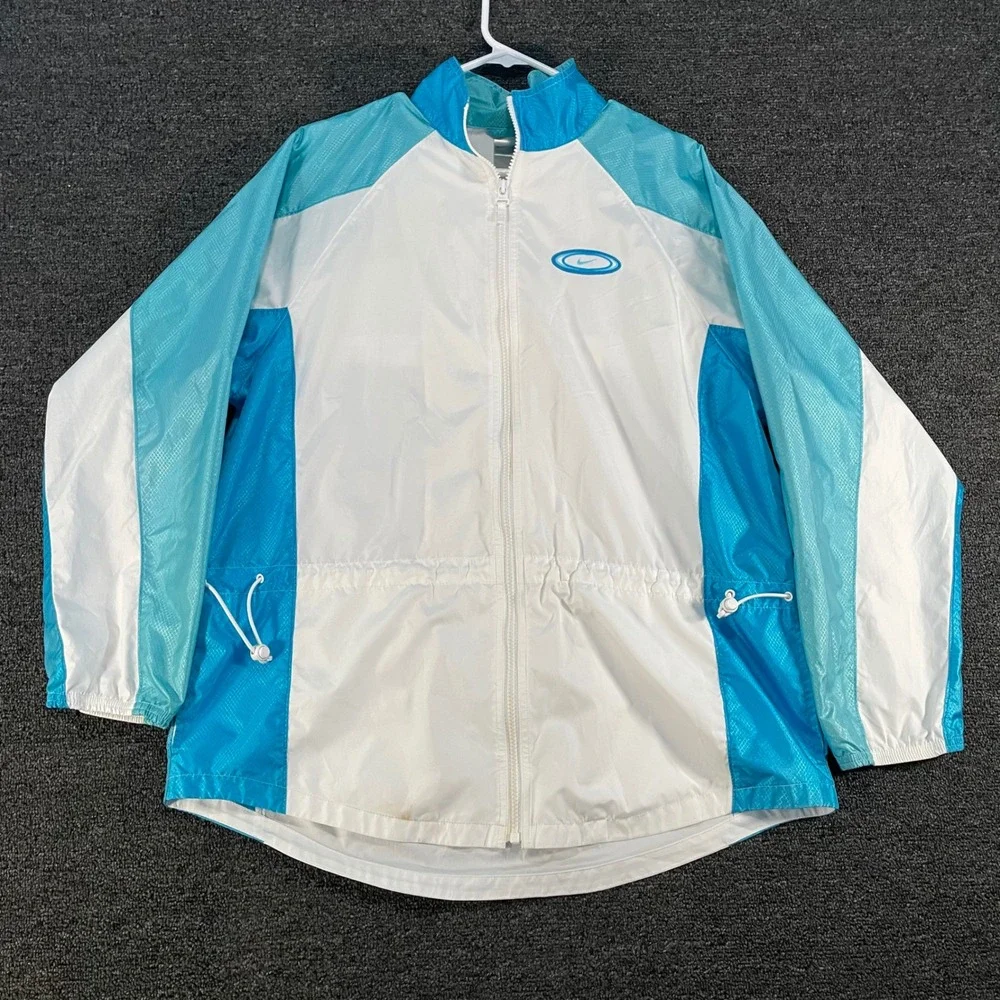 Nike Windbreaker Jacket Women Medium White Turquoise Good Vintage Colorblock 90s